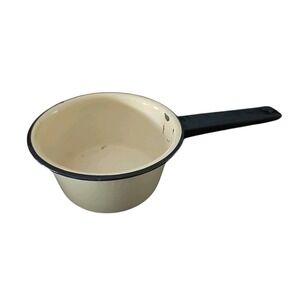 Vintage Enamelware Saucepan Small Pot‎ with Black Trim and Handle Camping 6in